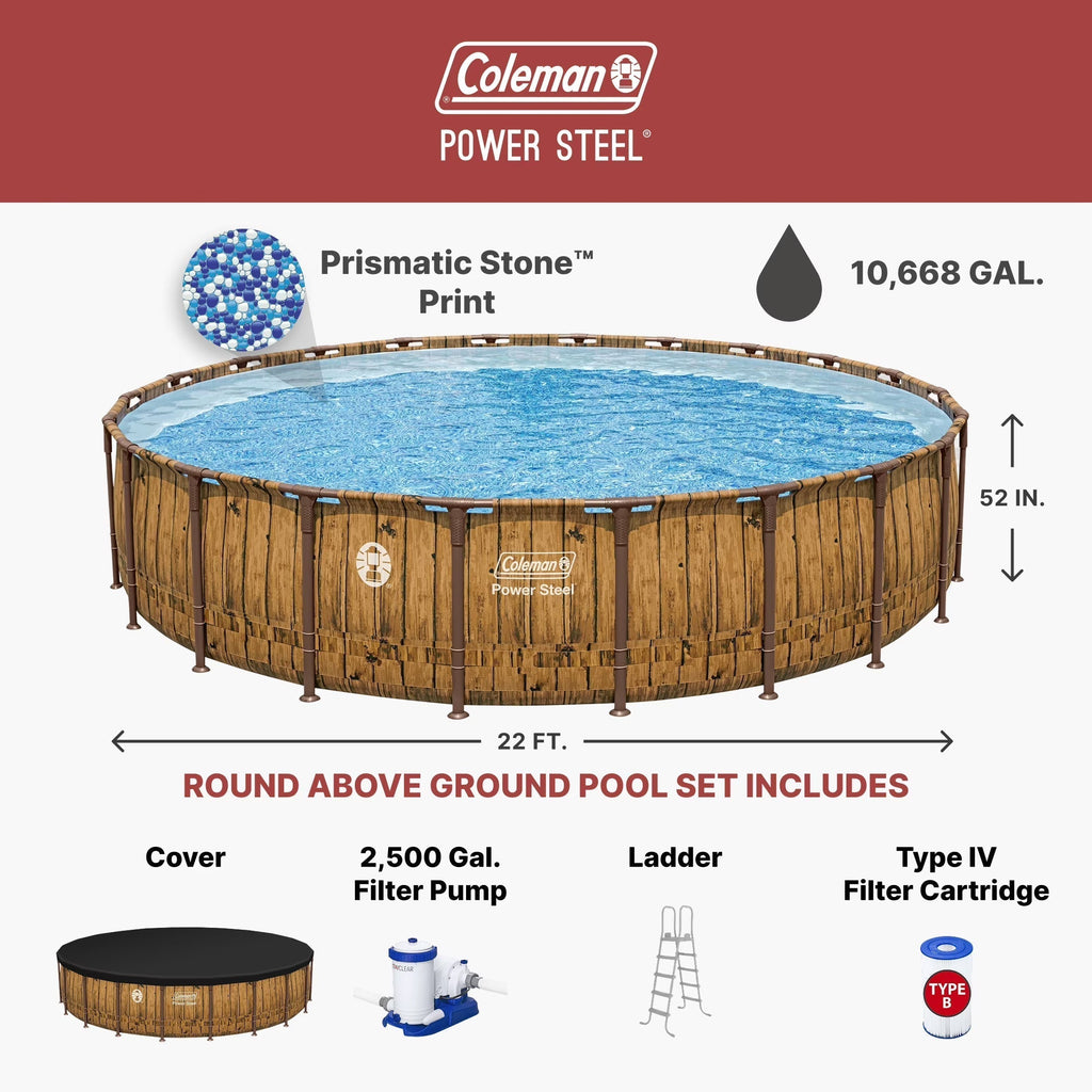 Coleman Power Steel 22 Ft Round Above Ground Pool Set - Durable Corrosion Resistant Steel Frame