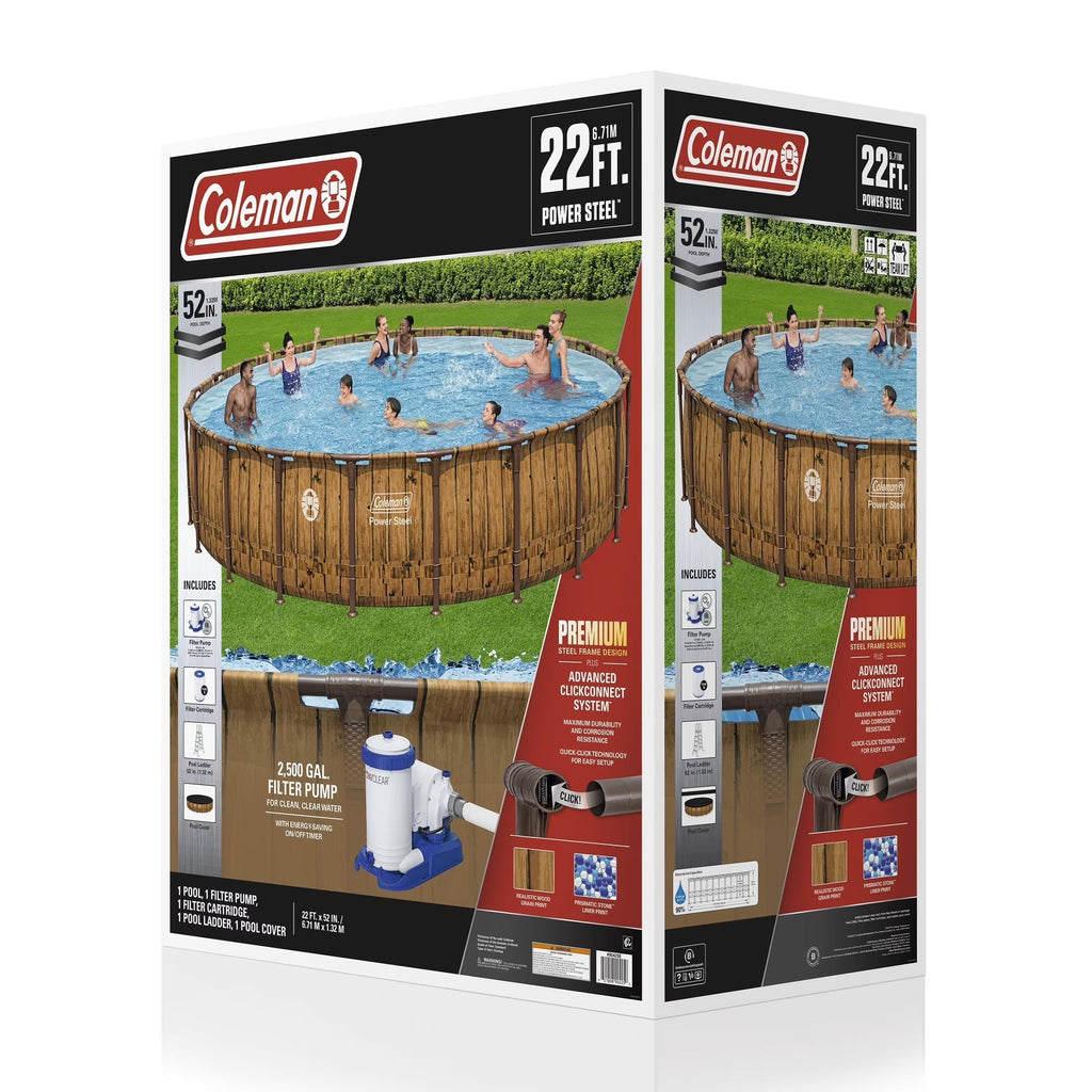 Coleman Power Steel 22 Ft Round Above Ground Pool Set - Durable Corrosion Resistant Steel Frame