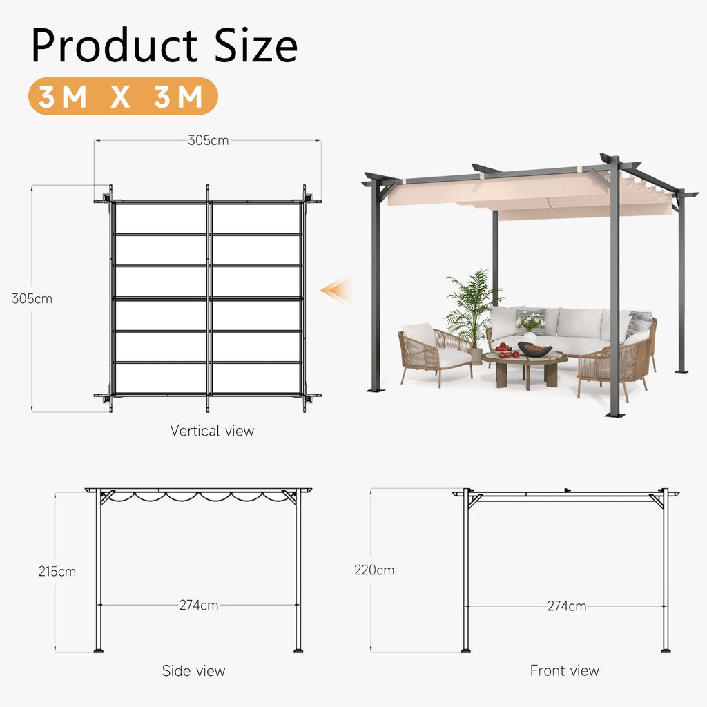 Outdoor Retractable Pergola with Canopy 2.4m/3m for Garden Lawn Patio Gazebo