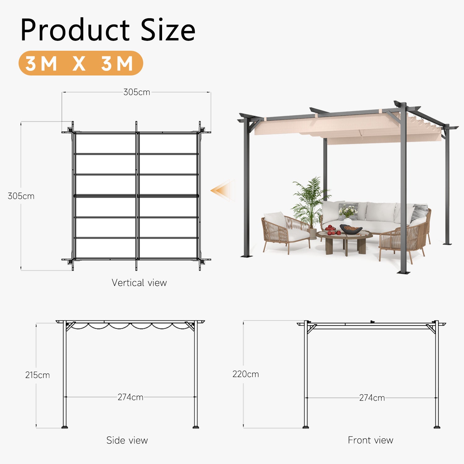 Outdoor Retractable Pergola with Canopy 2.4m/3m for Garden Lawn Patio Gazebo