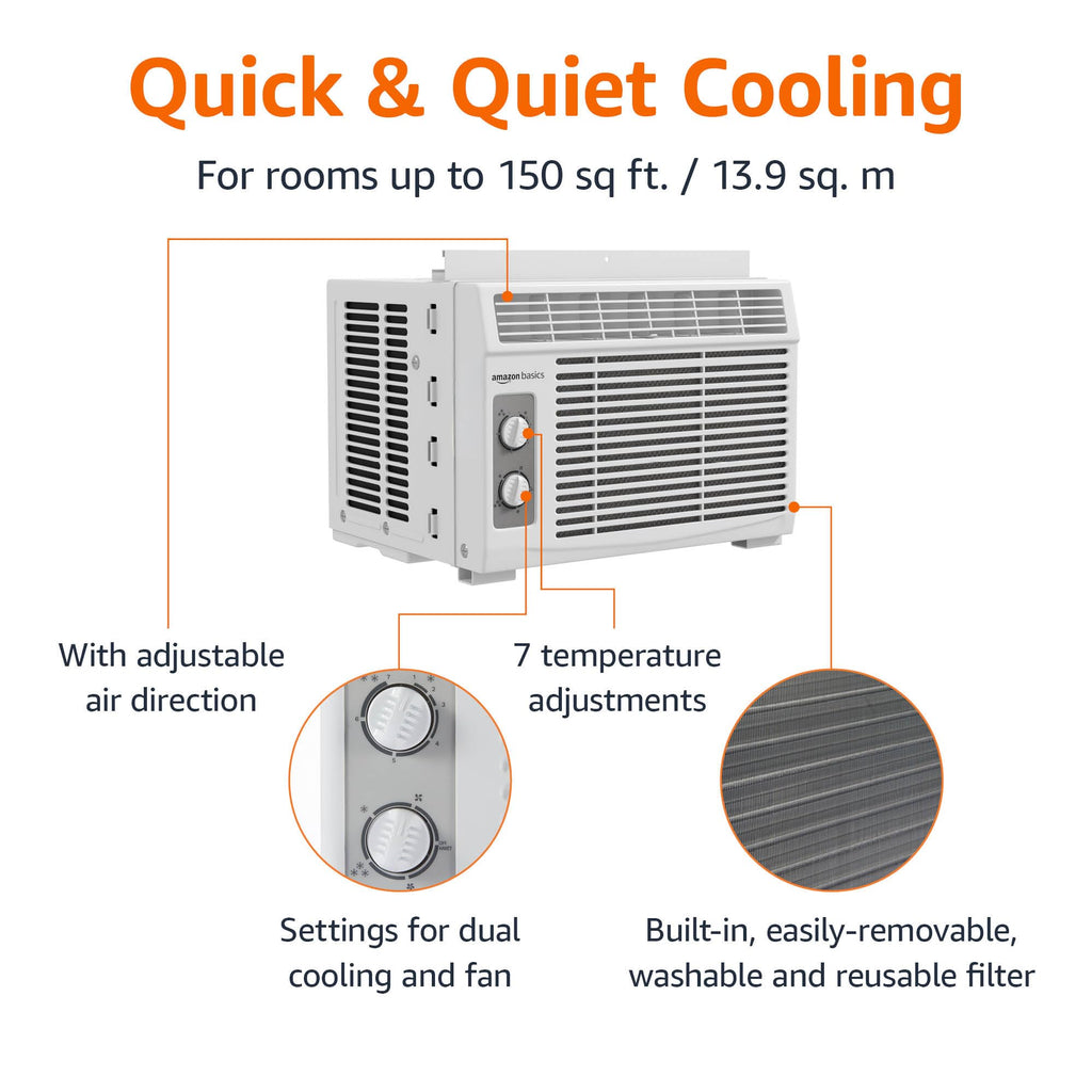 Amazon Basics 5000 BTU Window Air Conditioner - Quiet Operation For Small Rooms Up To 150 Sq Ft
