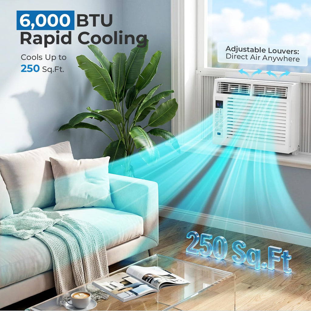 ZAFRO 6000 BTU Window AC 3 In 1 Dehumidifier For Bedroom Up To 250 Sq Ft Quiet Energy Saving With Remote - Fast Cooling
