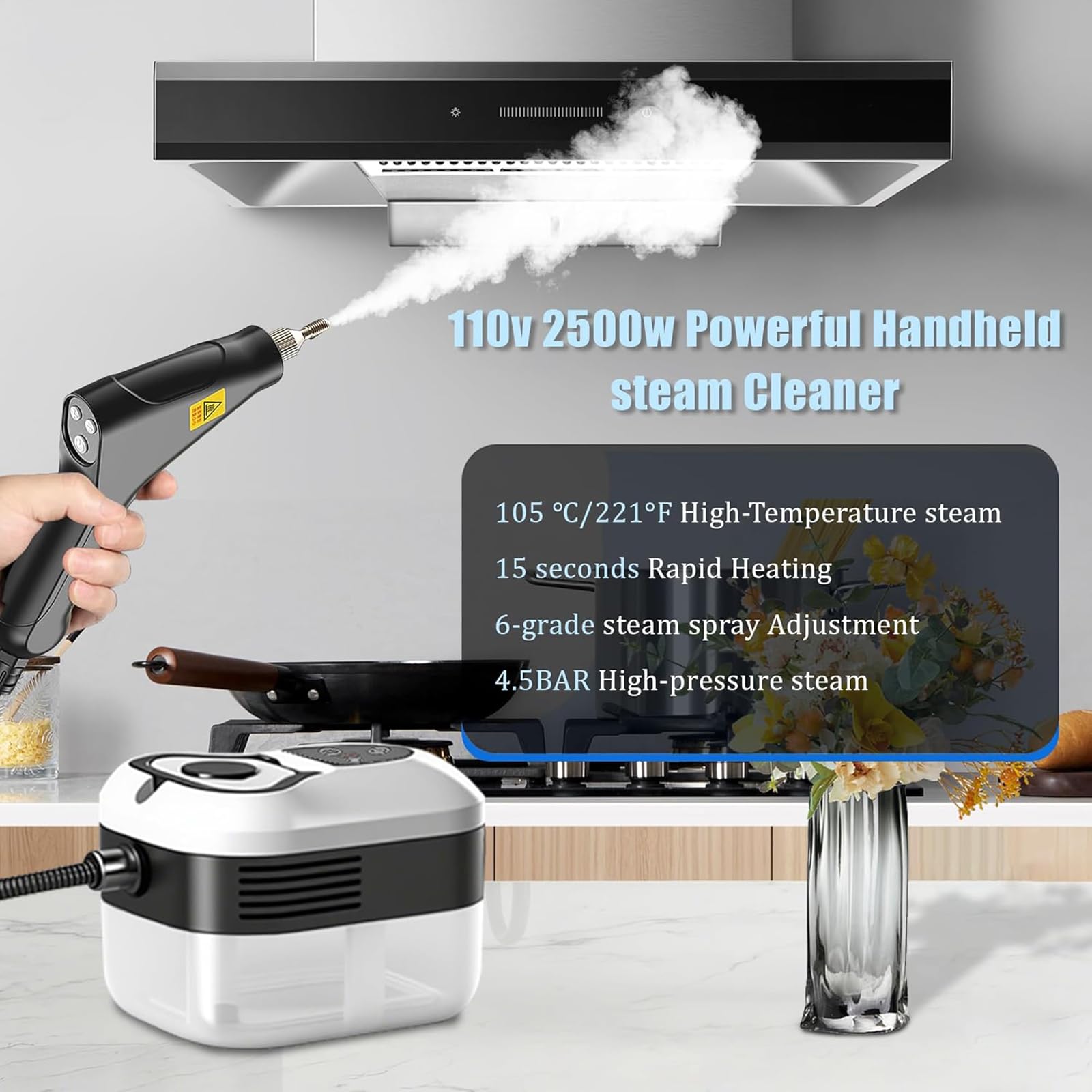 XUZIE Powerful 2500W Steam Cleaner Handheld - 15s Fast Heat Up, 6 Levels, Deep Cleaning for Floors, Kitchen, Bath, Car