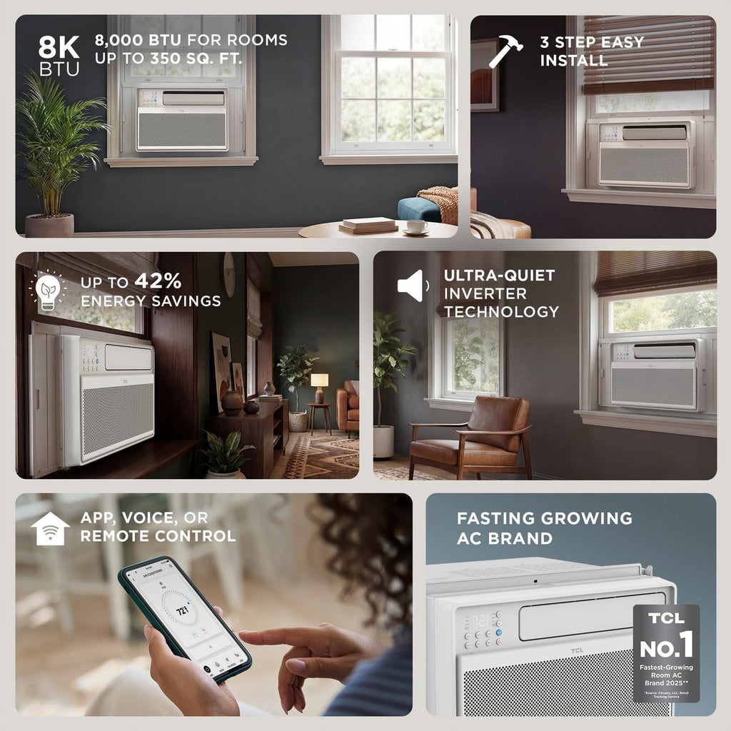 TCL 8,000 BTU Q Series Smart Inverter Window AC - Ultra Quiet 40 Decibel Works With Alexa And Google Assistant