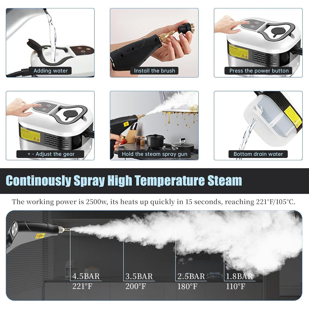 XUZIE Powerful 2500W Steam Cleaner Handheld - 15s Fast Heat Up, 6 Levels, Deep Cleaning for Floors, Kitchen, Bath, Car