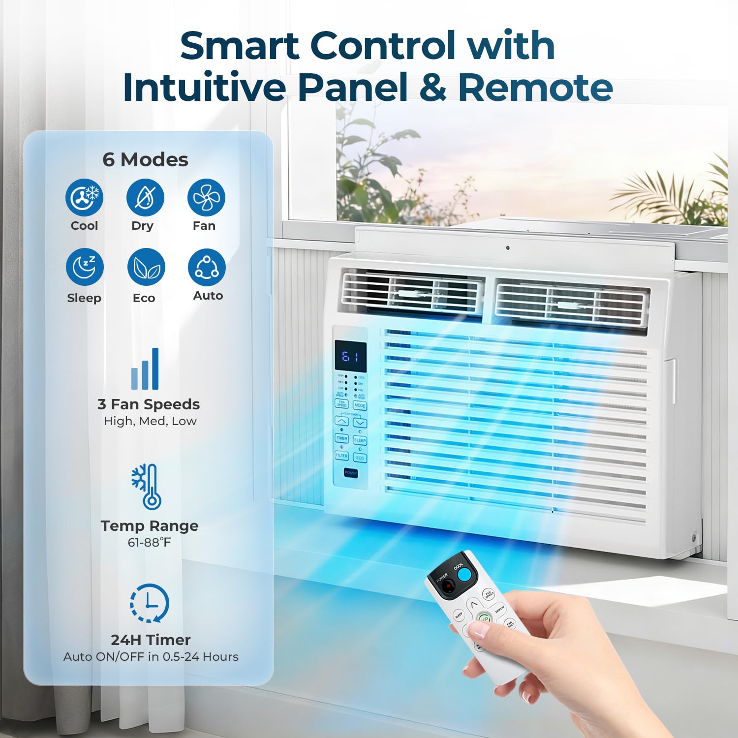 ZAFRO 6000 BTU Window AC 3 In 1 Dehumidifier For Bedroom Up To 250 Sq Ft Quiet Energy Saving With Remote - Fast Cooling