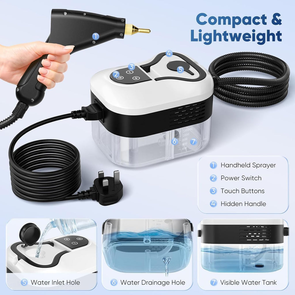 XUZIE Powerful 2500W Steam Cleaner Handheld - 15s Fast Heat Up, 6 Levels, Deep Cleaning for Floors, Kitchen, Bath, Car