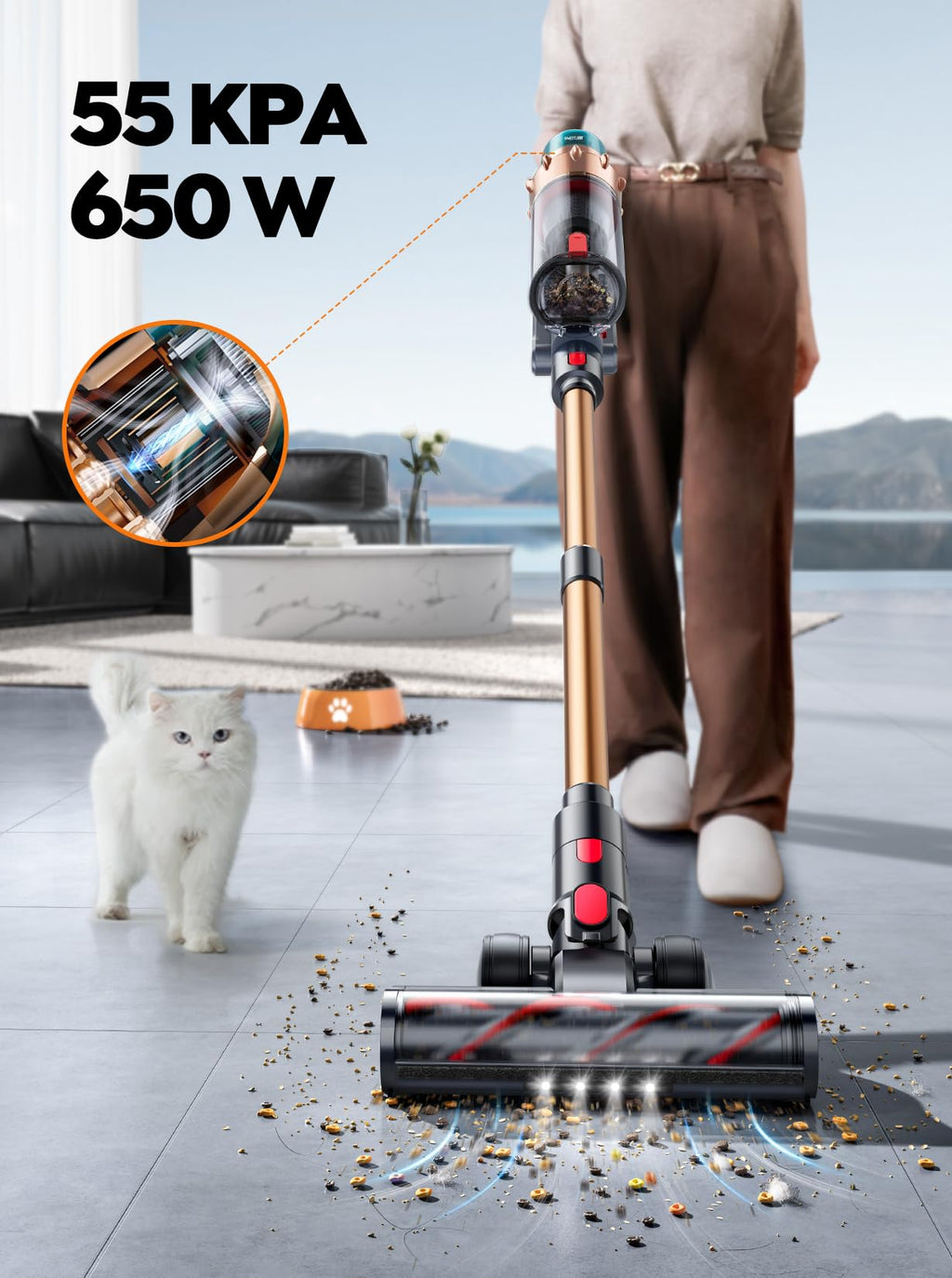 SMOTURE Cordless Vacuum Cleaner - 650W Brushless Motor With 55kPa Suction And 70 Minute Runtime