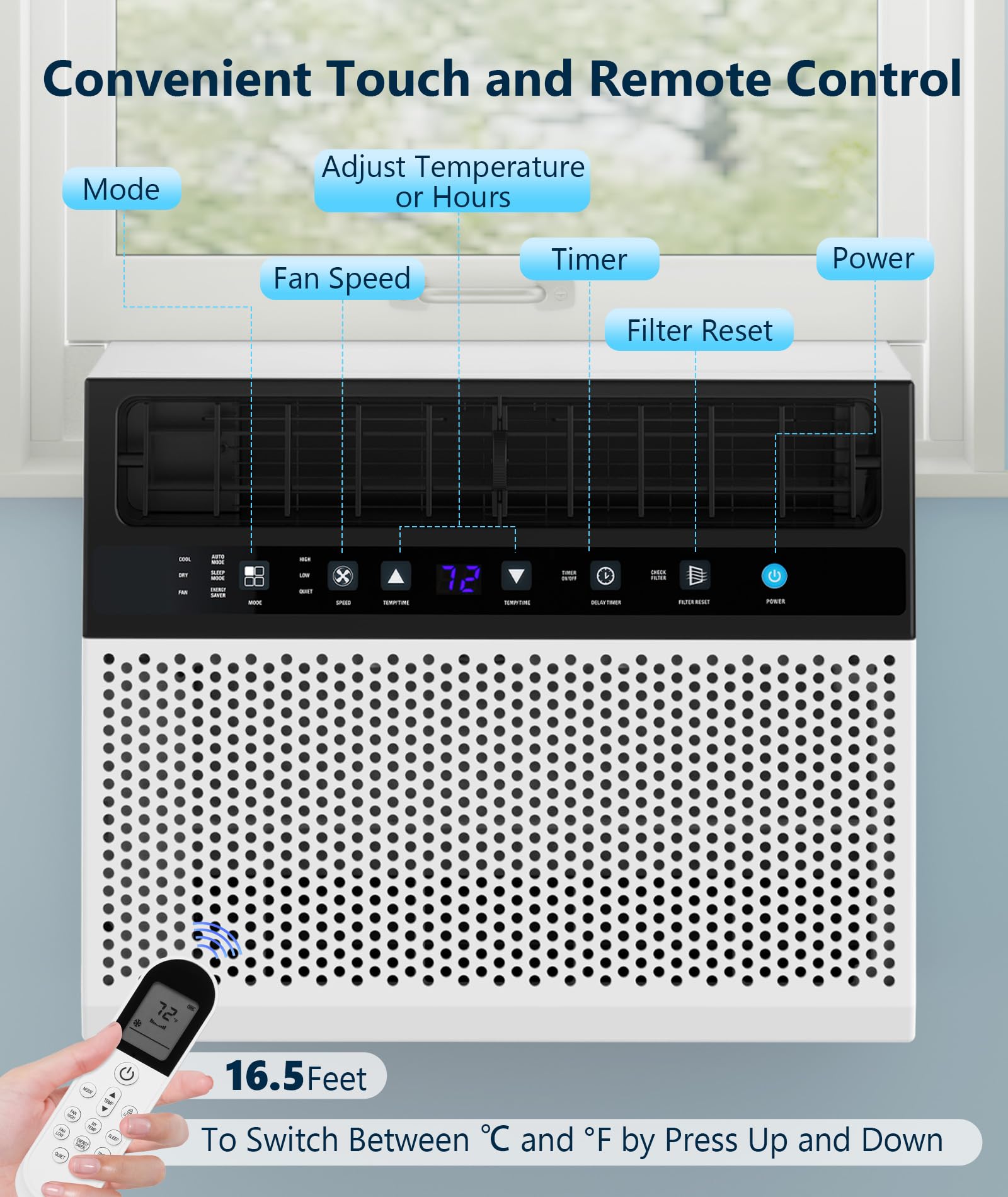 KISSAIR 10000 BTU U Shaped Window AC - 3 In 1 With Dehumidifier And Fan Timer And ECO Mode For Rooms Up To 450 SqFt