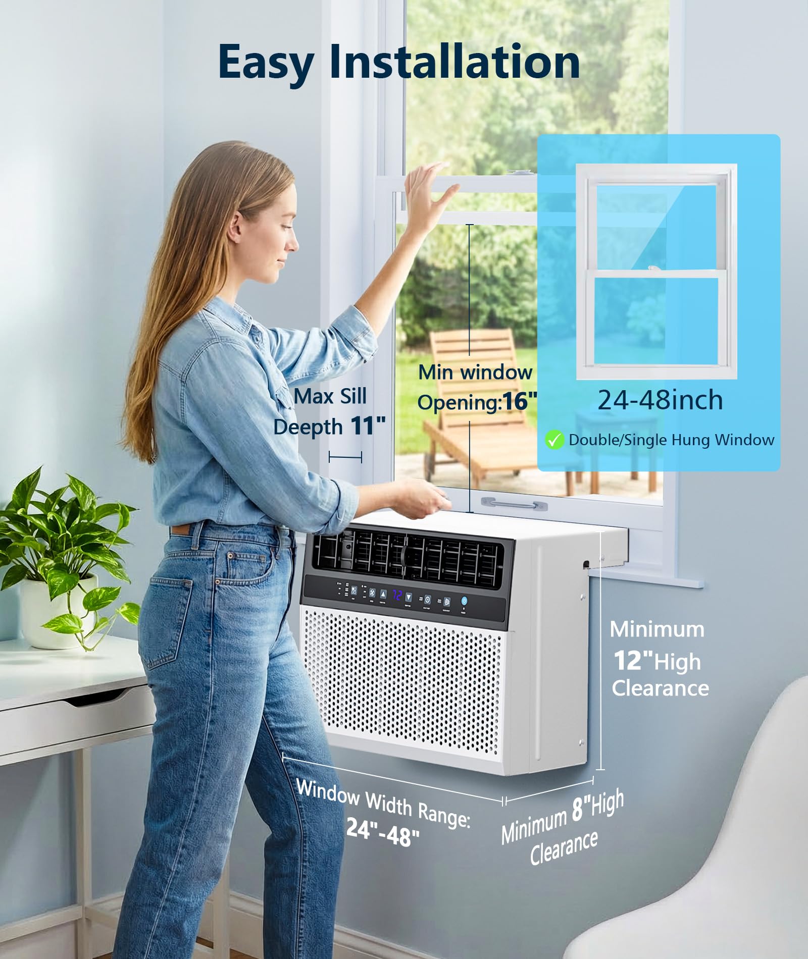 KISSAIR 10000 BTU U Shaped Window AC - 3 In 1 With Dehumidifier And Fan Timer And ECO Mode For Rooms Up To 450 SqFt