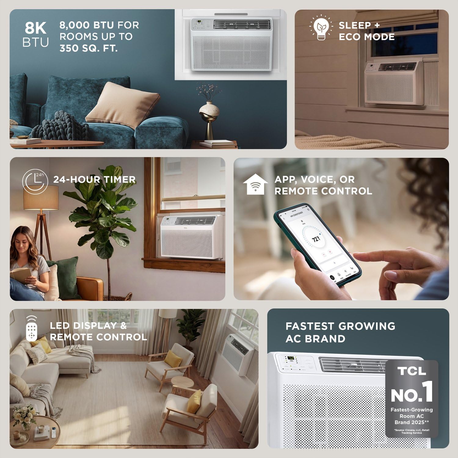 TCL 8000 BTU Smart Window AC - Quiet Energy Efficient 3 In 1 With Remote Works With Alexa And Google Assistant
