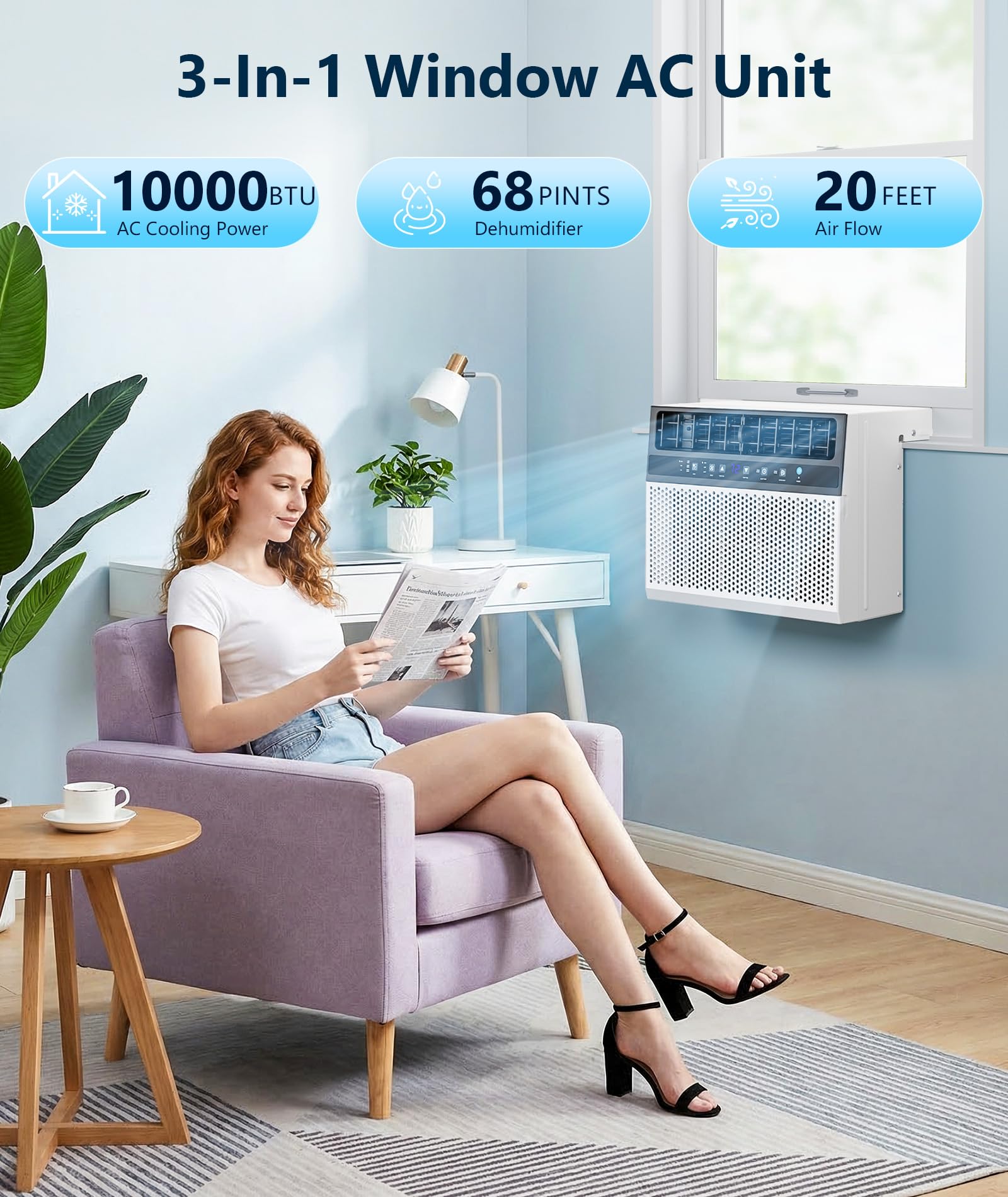 KISSAIR 10000 BTU U Shaped Window AC - 3 In 1 With Dehumidifier And Fan Timer And ECO Mode For Rooms Up To 450 SqFt