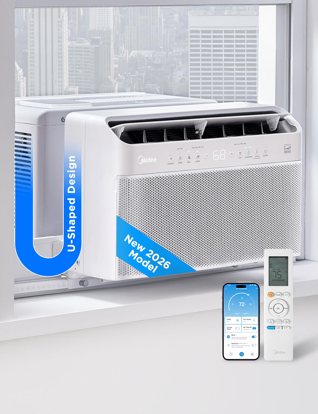 Midea 8000 BTU U Shaped Smart Inverter Window AC Ultra Quiet Cools 350 Sq Ft Alexa Google Assistant Compatible