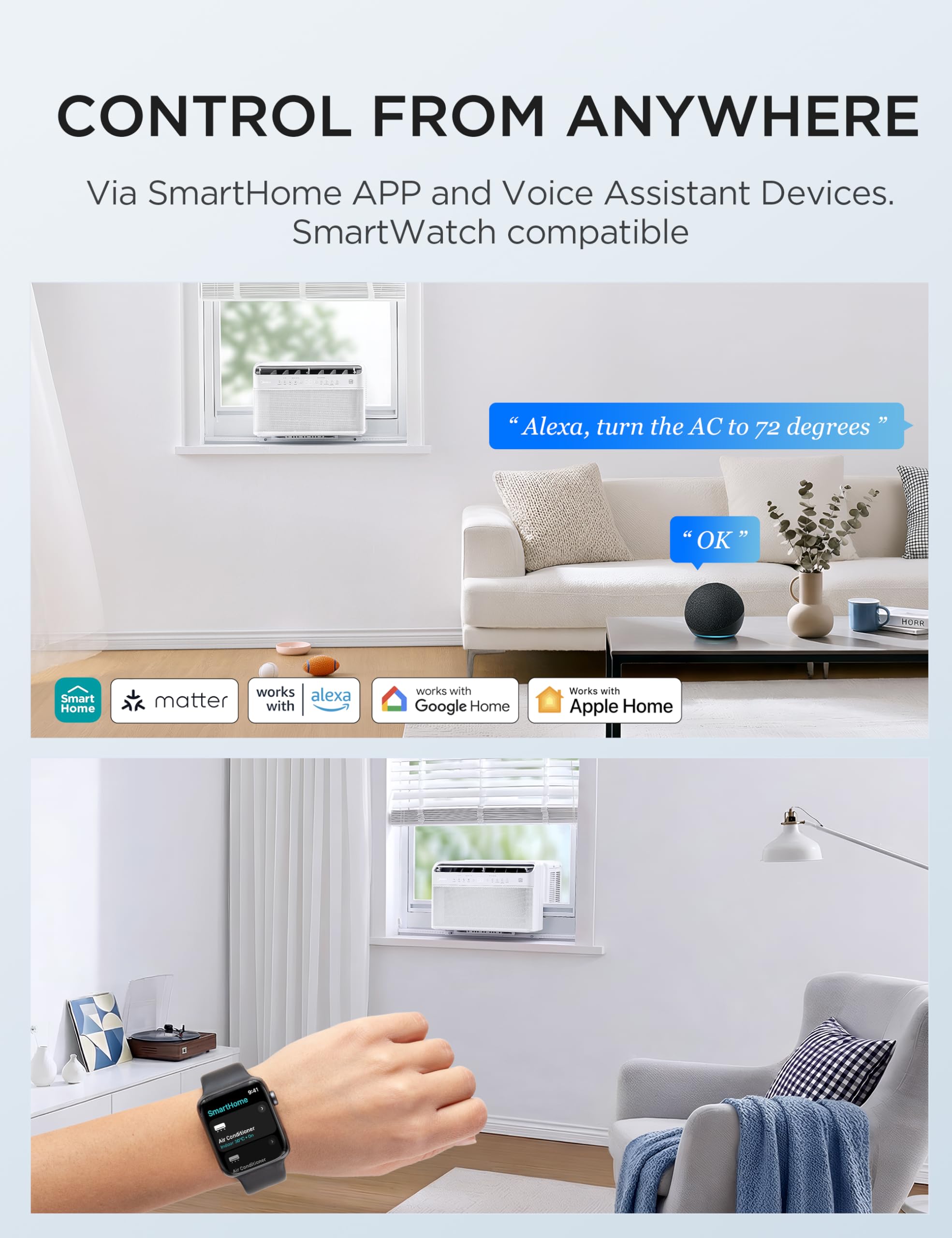 Midea 8000 BTU U Shaped Smart Inverter Window AC Ultra Quiet Cools 350 Sq Ft Alexa Google Assistant Compatible