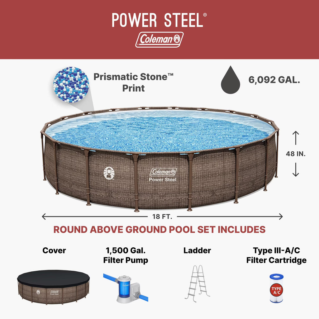 Coleman Power Steel 18ft Round Above Ground Pool Set - Durable Metal Frame For Long Lasting Family Fun