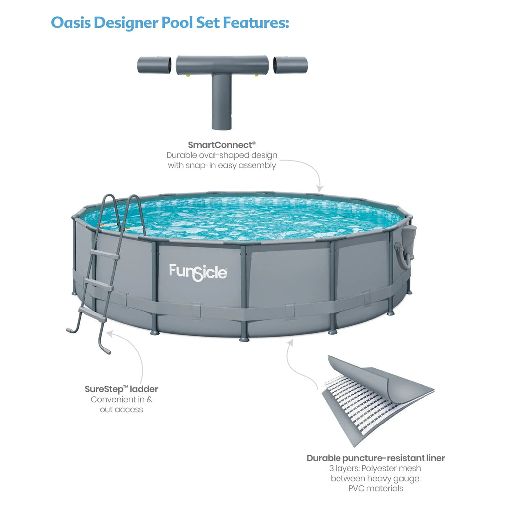 Funsicle 15ft Oasis Above Ground Metal Frame Swimming Pool - Easy Setup SmartConnect Pro Poles TwoInOne Skimmer