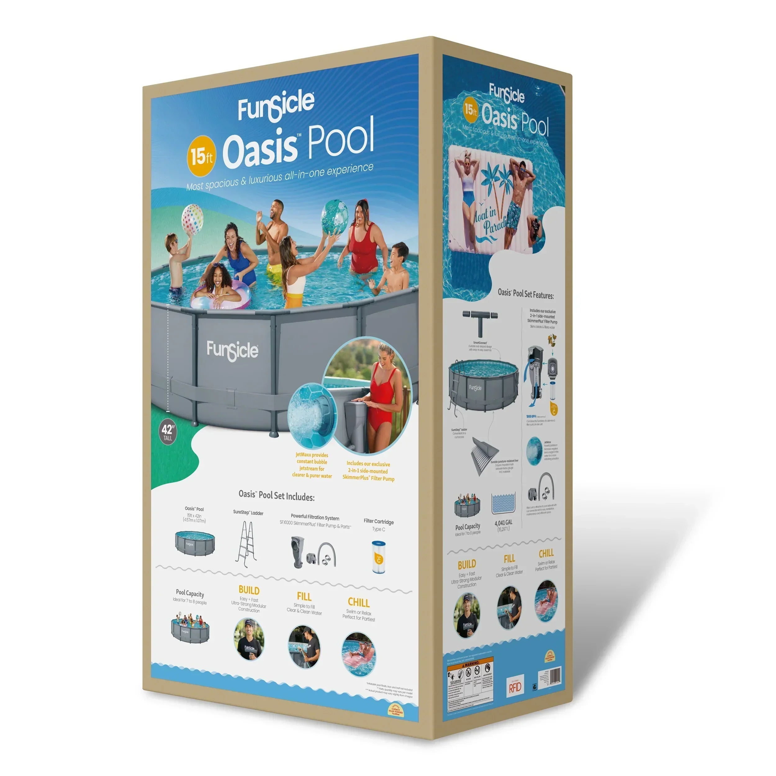 Funsicle 15ft Oasis Above Ground Metal Frame Swimming Pool - Easy Setup SmartConnect Pro Poles TwoInOne Skimmer