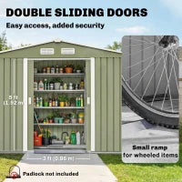 Outsunny 9 x 6ft Metal Garden Shed, Waterproof Outdoor Bike Storage Shed Galvanised with Vents, Foundation Kit, Apex Roof and Lockable Double Doors for Patio Lawn, Light Green