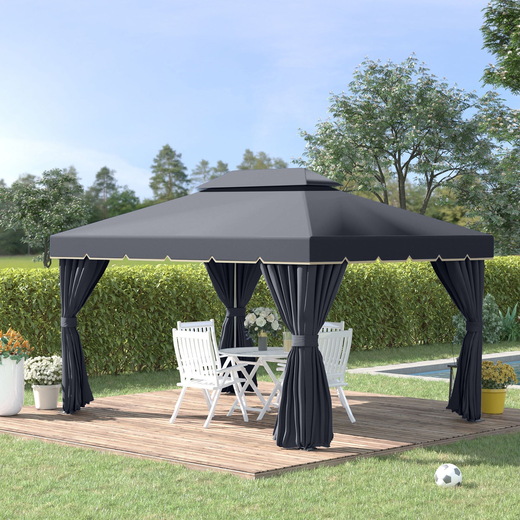 GardenPro Aluminium Garden Gazebo 3x4m Pavilion - Two Tier Canopy With Nets And Curtains