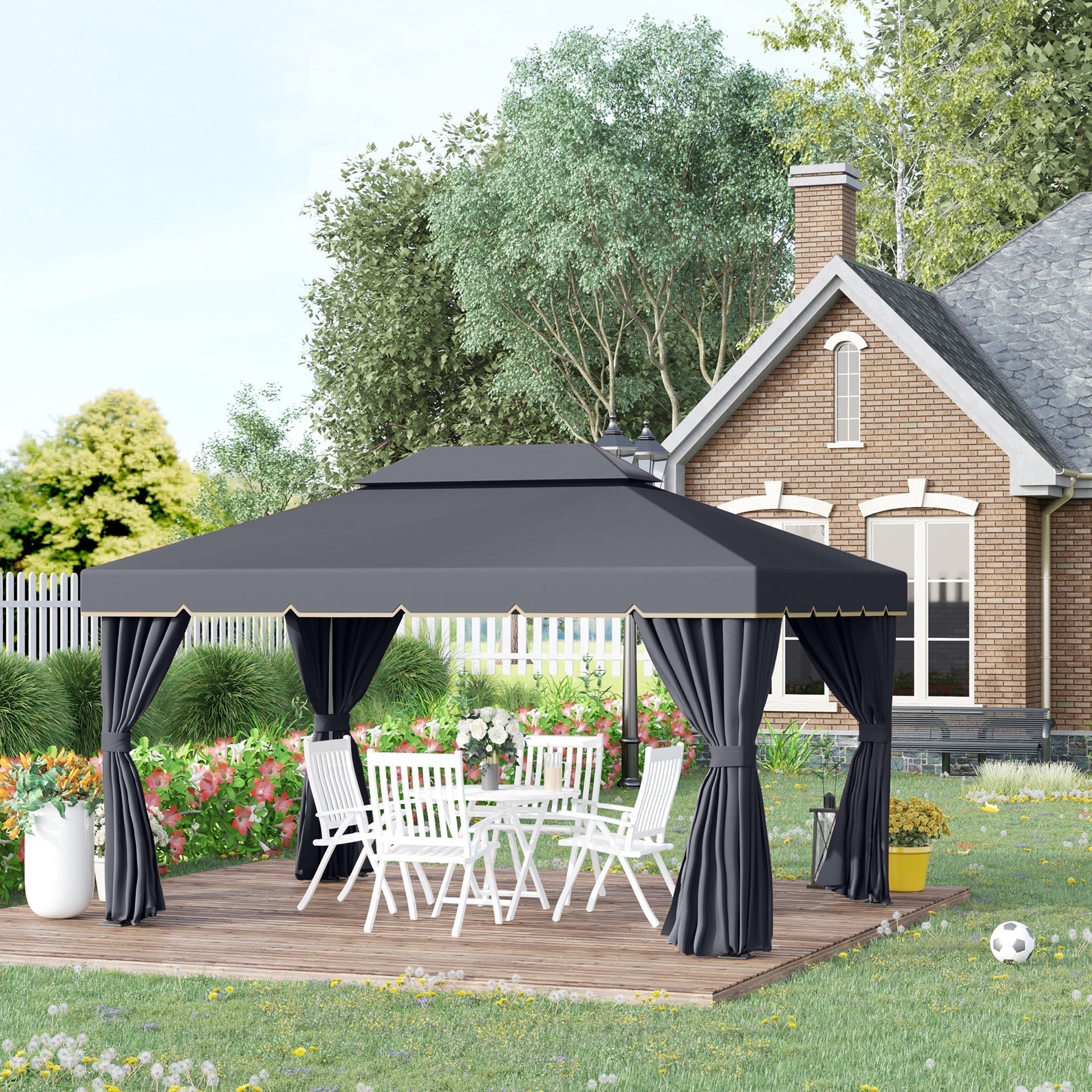 GardenPro Aluminium Garden Gazebo 3x4m Pavilion - Two Tier Canopy With Nets And Curtains