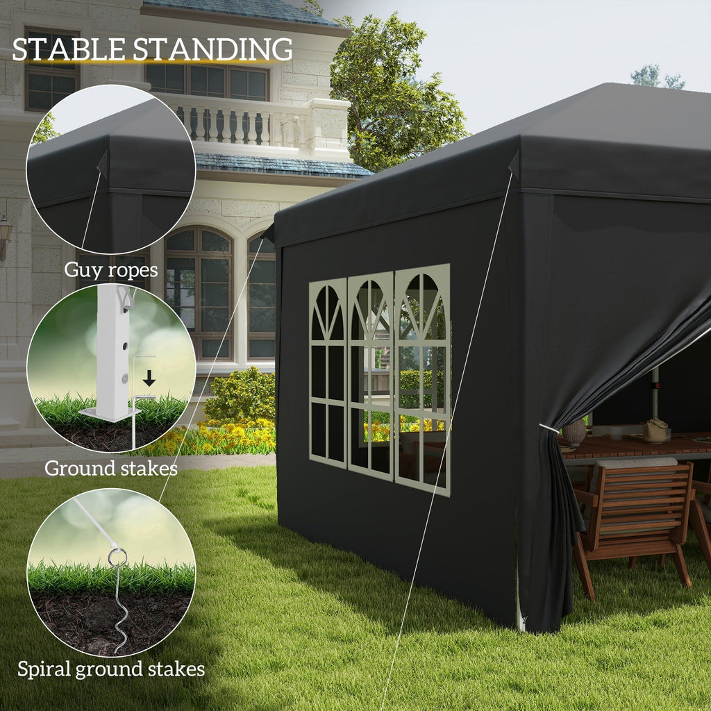 3 x 6m Garden Pop Up Gazebo, Wedding Party Tent with Sidewalls, Windows, Carry Bag, Black
