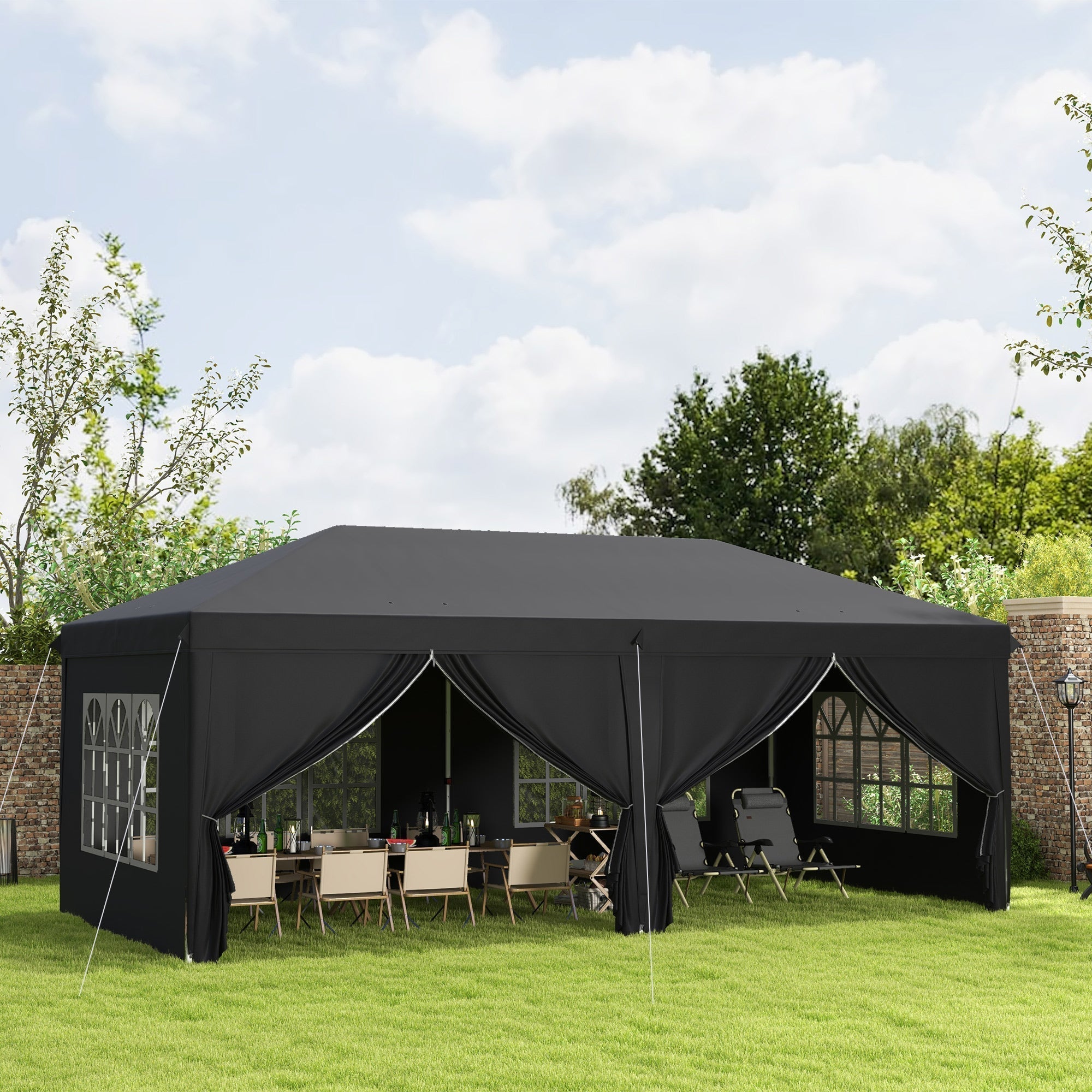 3 x 6m Garden Pop Up Gazebo, Wedding Party Tent with Sidewalls, Windows, Carry Bag, Black