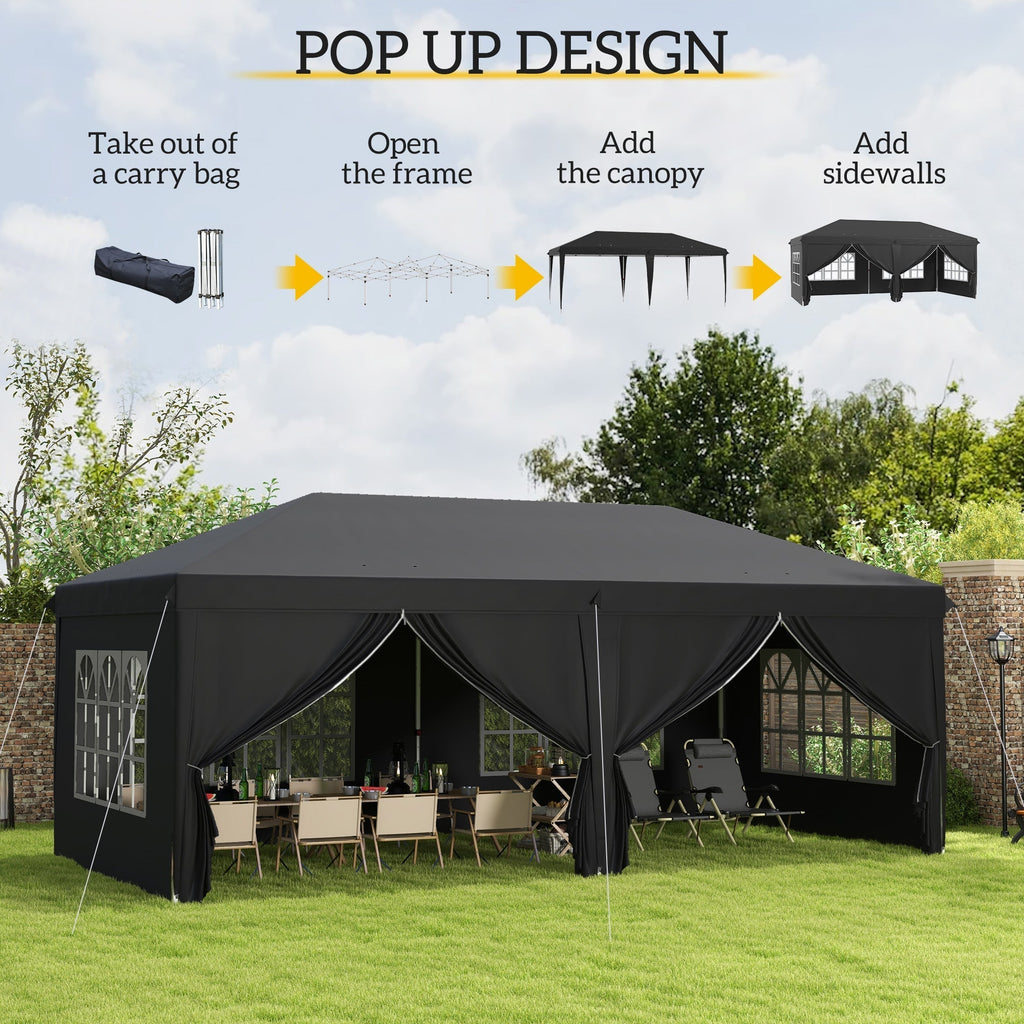 3 x 6m Garden Pop Up Gazebo, Wedding Party Tent with Sidewalls, Windows, Carry Bag, Black