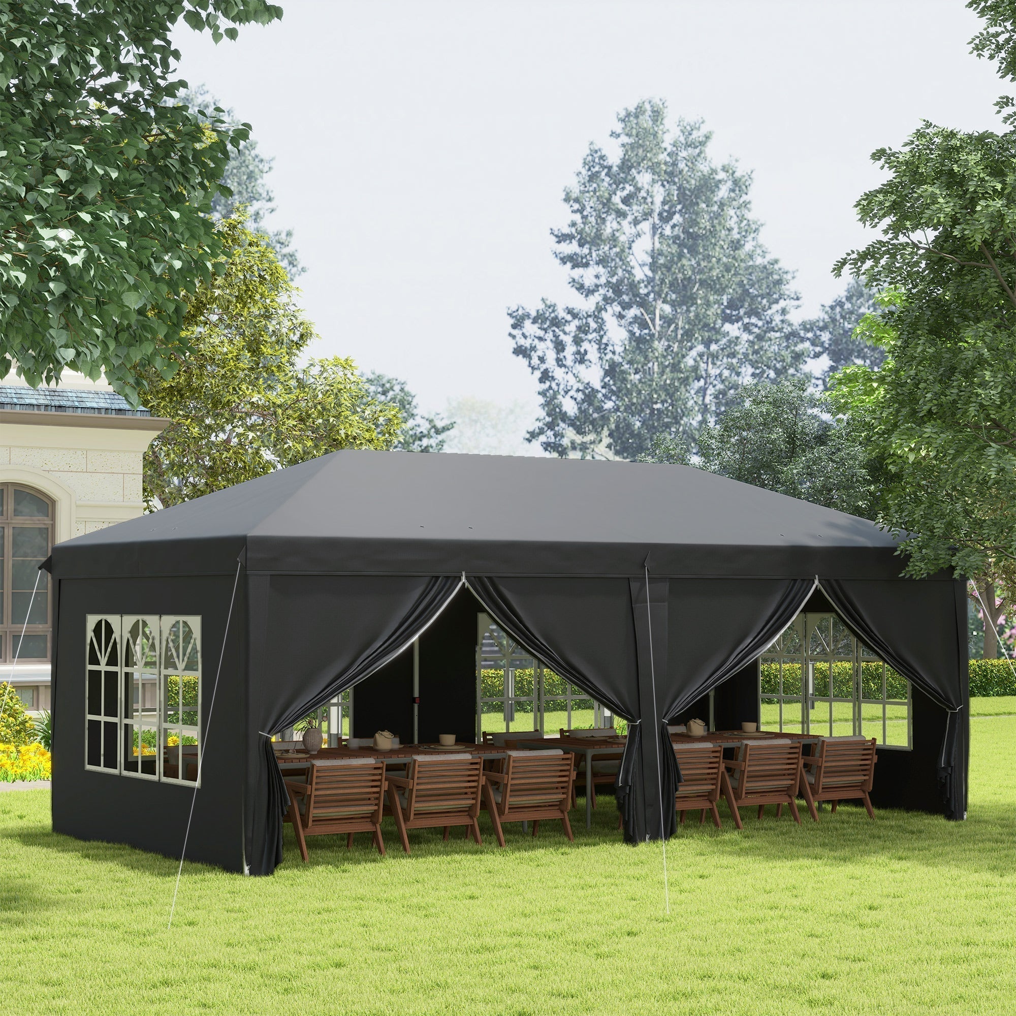 3 x 6m Garden Pop Up Gazebo, Wedding Party Tent with Sidewalls, Windows, Carry Bag, Black