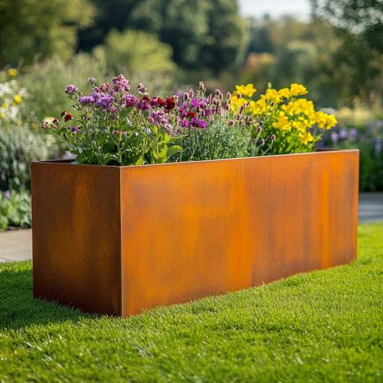 Woven Wood 100cm Corten Steel Trough Planter - Pre-Rusted