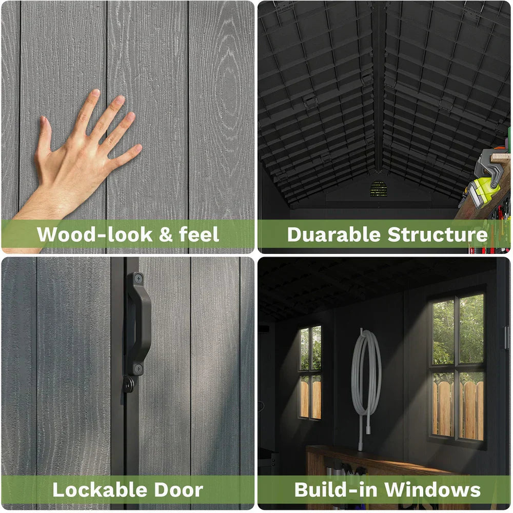 Pro Grade 6ft x 8ft Premium Plastic Double Door Garden Shed - Grey/Anthracite Wood Touch Texture