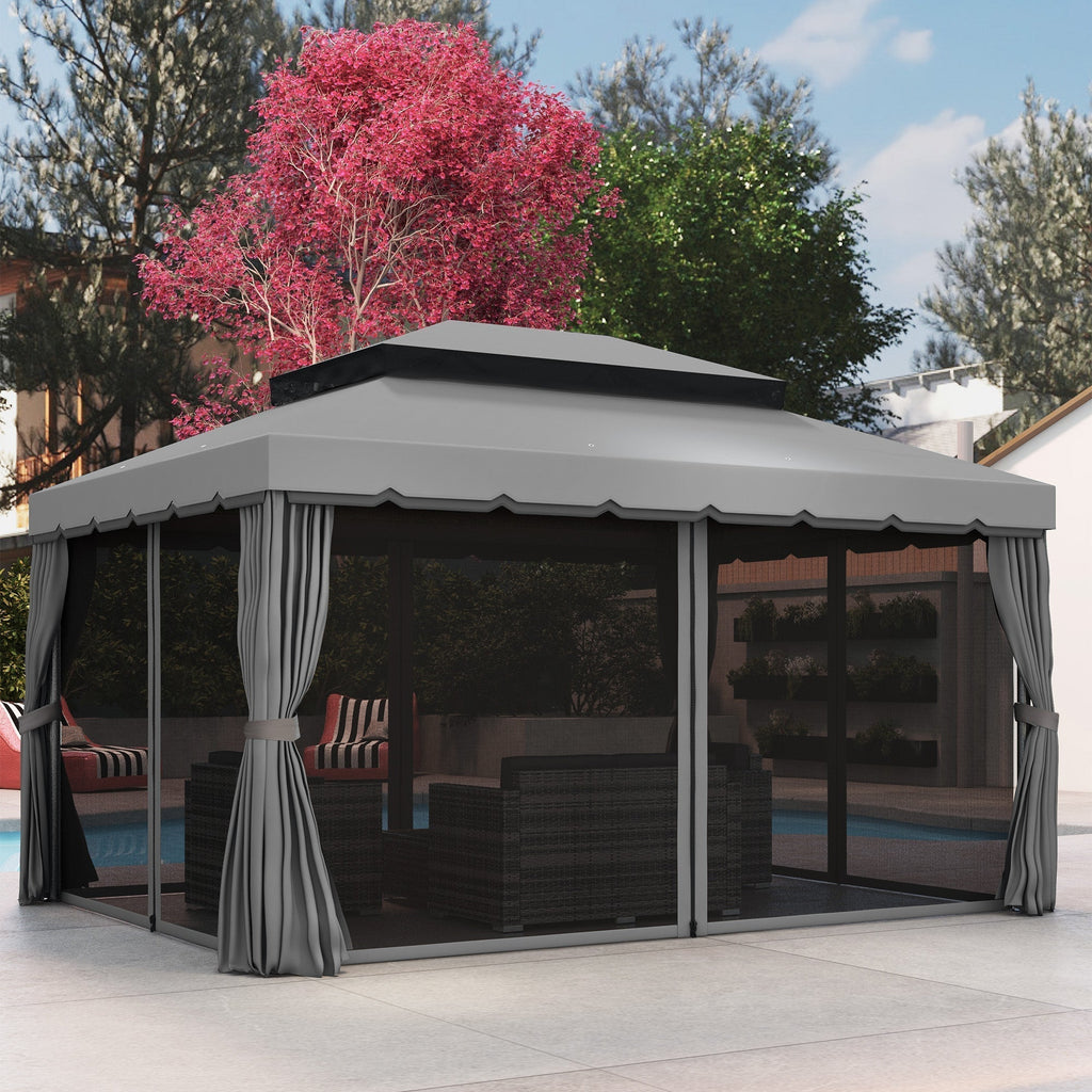 3 x 4m Aluminium Garden Gazebo, Pavilion Party Tent with Nets and Curtains, Light Grey