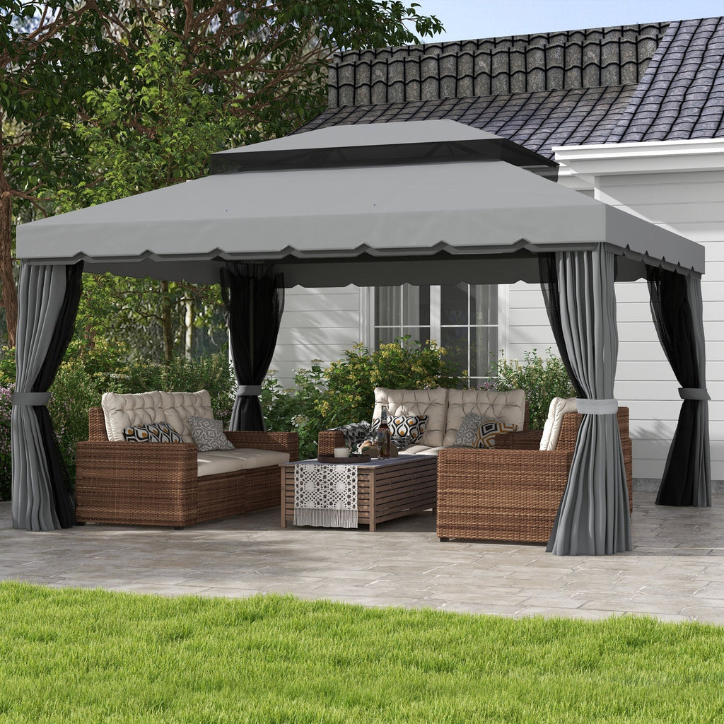 3 x 4m Aluminium Garden Gazebo, Pavilion Party Tent with Nets and Curtains, Light Grey